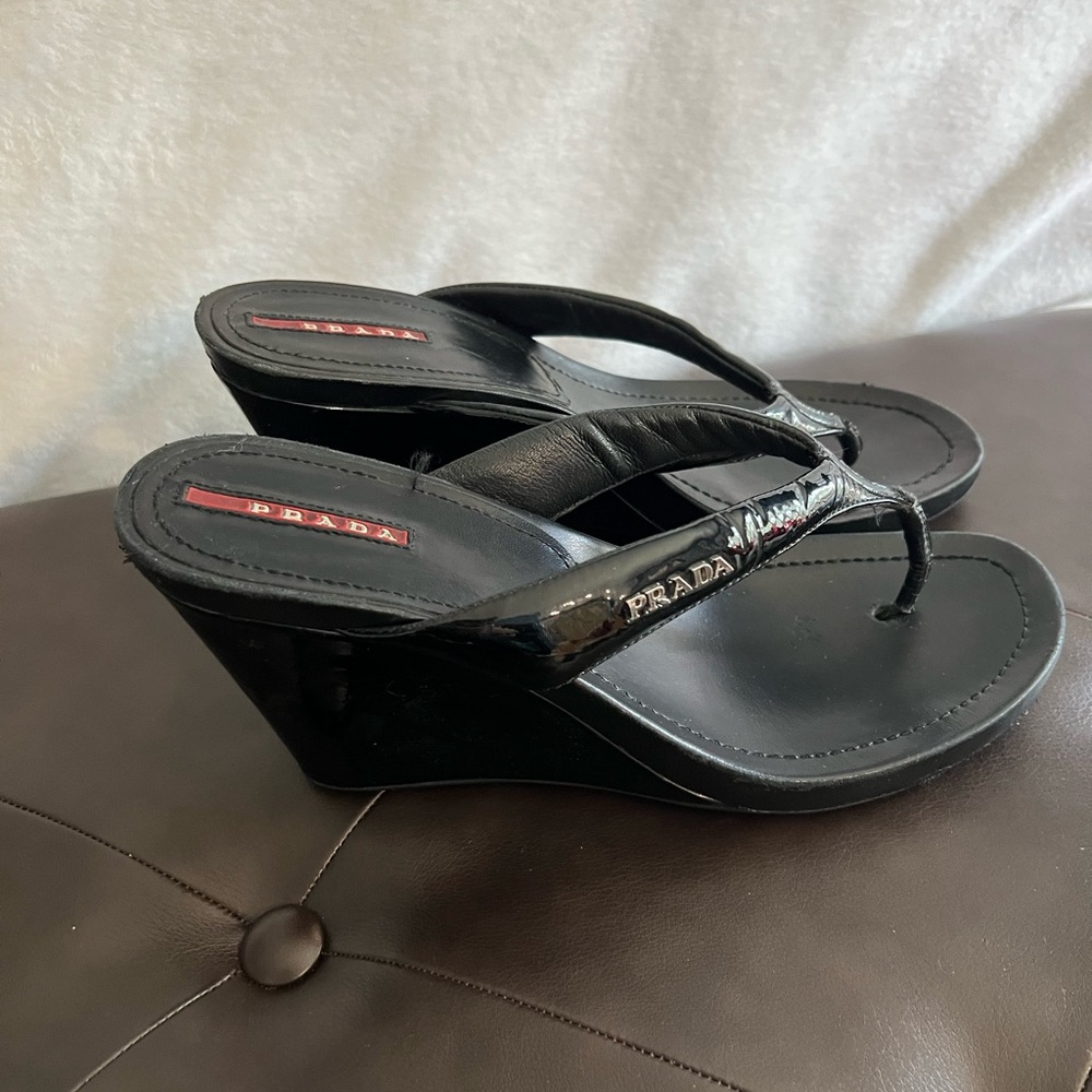 Prada Black Patent Leather Wedge Sandals